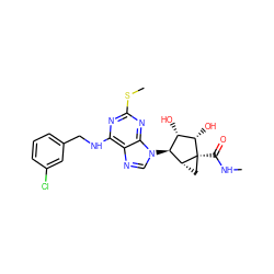 CNC(=O)[C@]12C[C@@H]1[C@@H](n1cnc3c(NCc4cccc(Cl)c4)nc(SC)nc31)[C@H](O)[C@@H]2O ZINC000101034321