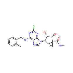 CNC(=O)[C@]12C[C@@H]1[C@@H](n1cnc3c(NCc4ccccc4C)nc(Cl)nc31)[C@H](O)[C@@H]2O ZINC000101034257