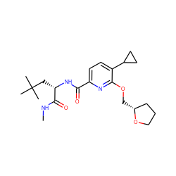 CNC(=O)[C@H](CC(C)(C)C)NC(=O)c1ccc(C2CC2)c(OC[C@@H]2CCCO2)n1 ZINC000150092780