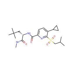CNC(=O)[C@H](CC(C)(C)C)NC(=O)c1ccc(C2CC2)c(S(=O)(=O)CC(C)C)n1 ZINC000207742455