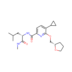 CNC(=O)[C@H](CC(C)C)NC(=O)c1ccc(C2CC2)c(OC[C@@H]2CCCO2)n1 ZINC000150169826