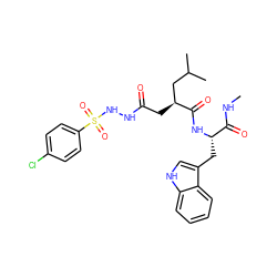 CNC(=O)[C@H](Cc1c[nH]c2ccccc12)NC(=O)[C@@H](CC(=O)NNS(=O)(=O)c1ccc(Cl)cc1)CC(C)C ZINC000044418736