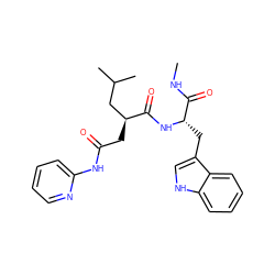 CNC(=O)[C@H](Cc1c[nH]c2ccccc12)NC(=O)[C@@H](CC(=O)Nc1ccccn1)CC(C)C ZINC000013489855