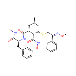 CNC(=O)[C@H](Cc1ccccc1)NC(=O)[C@H](CC(C)C)[C@H](CSC/C(=N/OC)c1ccccc1)C(=O)NO ZINC000027089210