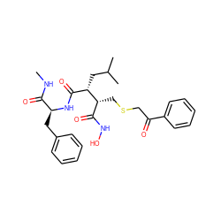 CNC(=O)[C@H](Cc1ccccc1)NC(=O)[C@H](CC(C)C)[C@H](CSCC(=O)c1ccccc1)C(=O)NO ZINC000027079021