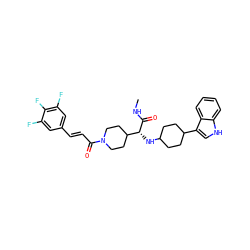 CNC(=O)[C@H](NC1CCC(c2c[nH]c3ccccc23)CC1)C1CCN(C(=O)/C=C/c2cc(F)c(F)c(F)c2)CC1 ZINC000073196351