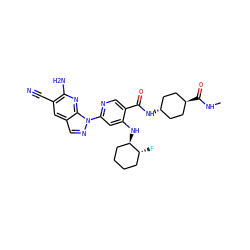 CNC(=O)[C@H]1CC[C@H](NC(=O)c2cnc(-n3ncc4cc(C#N)c(N)nc43)cc2N[C@@H]2CCCC[C@H]2F)CC1 ZINC001772582667