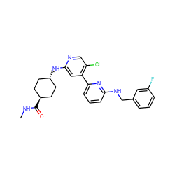 CNC(=O)[C@H]1CC[C@H](Nc2cc(-c3cccc(NCc4cccc(F)c4)n3)c(Cl)cn2)CC1 ZINC000261093725