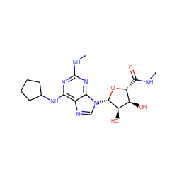 CNC(=O)[C@H]1O[C@@H](n2cnc3c(NC4CCCC4)nc(NC)nc32)[C@H](O)[C@@H]1O ZINC000103298677