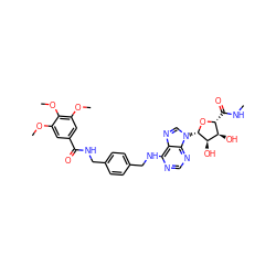 CNC(=O)[C@H]1O[C@@H](n2cnc3c(NCc4ccc(CNC(=O)c5cc(OC)c(OC)c(OC)c5)cc4)ncnc32)[C@H](O)[C@@H]1O ZINC000049777908