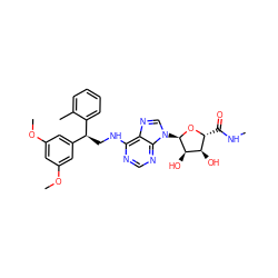 CNC(=O)[C@H]1O[C@H](n2cnc3c(NC[C@@H](c4cc(OC)cc(OC)c4)c4ccccc4C)ncnc32)[C@H](O)[C@@H]1O ZINC000049766832