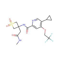 CNC(=O)CC1(NC(=O)c2cc(OCC(F)(F)F)c(C3CC3)cn2)CS(=O)(=O)C1 ZINC000149257021