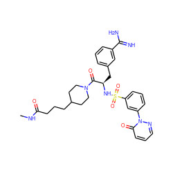 CNC(=O)CCCC1CCN(C(=O)[C@@H](Cc2cccc(C(=N)N)c2)NS(=O)(=O)c2cccc(-n3ncccc3=O)c2)CC1 ZINC000096175787