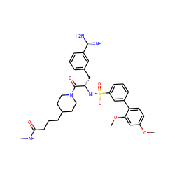 CNC(=O)CCCC1CCN(C(=O)[C@H](Cc2cccc(C(=N)N)c2)NS(=O)(=O)c2cccc(-c3ccc(OC)cc3OC)c2)CC1 ZINC000169323425