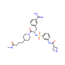 CNC(=O)CCCC1CCN(C(=O)[C@H](Cc2cccc(C(=N)N)c2)NS(=O)(=O)c2cccc(NC(=O)C3CNC3)c2)CC1 ZINC000096175794