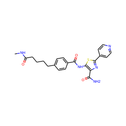 CNC(=O)CCCCc1ccc(C(=O)Nc2sc(-c3ccncc3)nc2C(N)=O)cc1 ZINC000149959693