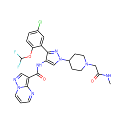 CNC(=O)CN1CCC(n2cc(NC(=O)c3cnn4cccnc34)c(-c3cc(Cl)ccc3OC(F)F)n2)CC1 ZINC001772638033