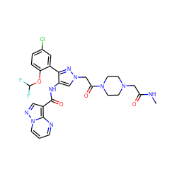 CNC(=O)CN1CCN(C(=O)Cn2cc(NC(=O)c3cnn4cccnc34)c(-c3cc(Cl)ccc3OC(F)F)n2)CC1 ZINC001772629884