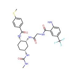 CNC(=O)N[C@@H]1CC[C@H](NC(=O)c2ccc(SC)cc2)[C@H](NC(=O)CNC(=O)c2cc(C(F)(F)F)ccc2N)C1 ZINC000044430671