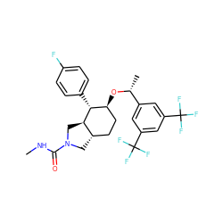 CNC(=O)N1C[C@H]2CC[C@H](O[C@H](C)c3cc(C(F)(F)F)cc(C(F)(F)F)c3)[C@@H](c3ccc(F)cc3)[C@@H]2C1 ZINC000049878180