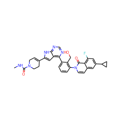 CNC(=O)N1CC=C(c2cc3c(-c4cccc(-n5ccc6cc(C7CC7)cc(F)c6c5=O)c4CO)ncnc3[nH]2)CC1 ZINC000299858581