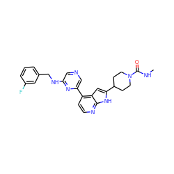 CNC(=O)N1CCC(c2cc3c(-c4cncc(NCc5cccc(F)c5)n4)ccnc3[nH]2)CC1 ZINC000220346099