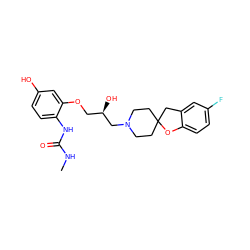 CNC(=O)Nc1ccc(O)cc1OC[C@@H](O)CN1CCC2(CC1)Cc1cc(F)ccc1O2 ZINC000103235643