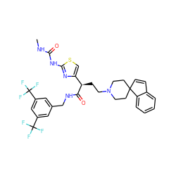 CNC(=O)Nc1nc([C@@H](CCN2CCC3(C=Cc4ccccc43)CC2)C(=O)NCc2cc(C(F)(F)F)cc(C(F)(F)F)c2)cs1 ZINC000028702881