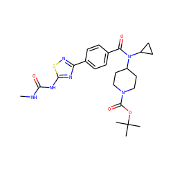 CNC(=O)Nc1nc(-c2ccc(C(=O)N(C3CC3)C3CCN(C(=O)OC(C)(C)C)CC3)cc2)ns1 ZINC000223642509