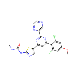 CNC(=O)Nc1ncc(-c2cc(-c3c(Cl)cc(OC)cc3Cl)nc(-c3cnccn3)n2)s1 ZINC000084690845