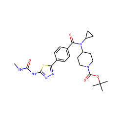 CNC(=O)Nc1nnc(-c2ccc(C(=O)N(C3CC3)C3CCN(C(=O)OC(C)(C)C)CC3)cc2)s1 ZINC000223641944