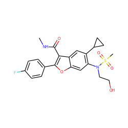 CNC(=O)c1c(-c2ccc(F)cc2)oc2cc(N(CCO)S(C)(=O)=O)c(C3CC3)cc12 ZINC000030691787