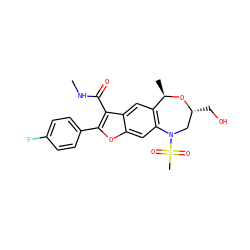 CNC(=O)c1c(-c2ccc(F)cc2)oc2cc3c(cc12)[C@@H](C)O[C@H](CO)CN3S(C)(=O)=O ZINC000149723656