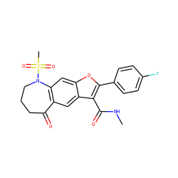 CNC(=O)c1c(-c2ccc(F)cc2)oc2cc3c(cc12)C(=O)CCCN3S(C)(=O)=O ZINC000149553108