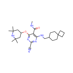 CNC(=O)c1c(NCC2CCC3(CCC3)CC2)nc(C#N)nc1OC1CC(C)(C)NC(C)(C)C1 ZINC000040917078