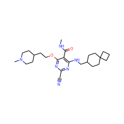 CNC(=O)c1c(NCC2CCC3(CCC3)CC2)nc(C#N)nc1OCCC1CCN(C)CC1 ZINC000040917297