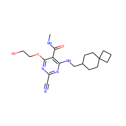 CNC(=O)c1c(NCC2CCC3(CCC3)CC2)nc(C#N)nc1OCCO ZINC000040404418