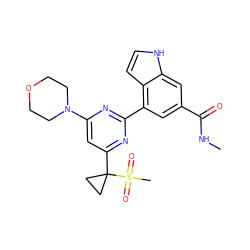 CNC(=O)c1cc(-c2nc(N3CCOCC3)cc(C3(S(C)(=O)=O)CC3)n2)c2cc[nH]c2c1 ZINC000095584439