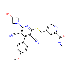 CNC(=O)c1cc(CSc2nc(N3CC(O)C3)c(C#N)c(-c3ccc(OC)cc3)c2C#N)ccn1 ZINC000147189769