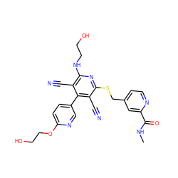 CNC(=O)c1cc(CSc2nc(NCCO)c(C#N)c(-c3ccc(OCCO)nc3)c2C#N)ccn1 ZINC000148682173