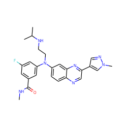 CNC(=O)c1cc(F)cc(N(CCNC(C)C)c2ccc3ncc(-c4cnn(C)c4)nc3c2)c1 ZINC000204159425