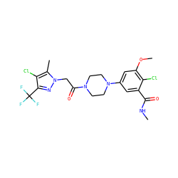 CNC(=O)c1cc(N2CCN(C(=O)Cn3nc(C(F)(F)F)c(Cl)c3C)CC2)cc(OC)c1Cl ZINC000095584556