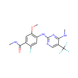 CNC(=O)c1cc(OC)c(Nc2ncc(C(F)(F)F)c(NC)n2)cc1F ZINC000165359420