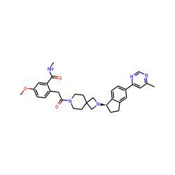 CNC(=O)c1cc(OC)ccc1CC(=O)N1CCC2(CC1)CN([C@@H]1CCc3cc(-c4cc(C)ncn4)ccc31)C2 ZINC000299863328