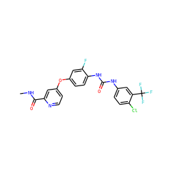 CNC(=O)c1cc(Oc2ccc(NC(=O)Nc3ccc(Cl)c(C(F)(F)F)c3)c(F)c2)ccn1 ZINC000006745272