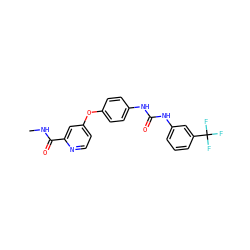 CNC(=O)c1cc(Oc2ccc(NC(=O)Nc3cccc(C(F)(F)F)c3)cc2)ccn1 ZINC000063298382