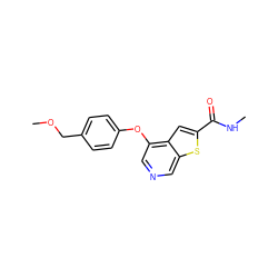 CNC(=O)c1cc2c(Oc3ccc(COC)cc3)cncc2s1 ZINC000013864445