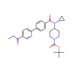 CNC(=O)c1ccc(-c2ccc(C(=O)N(C3CC3)C3CCN(C(=O)OC(C)(C)C)CC3)cc2)nc1 ZINC000223657476