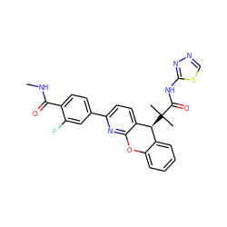 CNC(=O)c1ccc(-c2ccc3c(n2)Oc2ccccc2[C@@H]3C(C)(C)C(=O)Nc2nncs2)cc1F ZINC000073157479