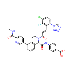 CNC(=O)c1ccc(-c2cccc3c2CCN(C(=O)/C=C/c2c(-n4cnnn4)ccc(Cl)c2F)[C@@H]3C(=O)Nc2ccc(C(=O)O)cc2)cn1 ZINC000226027308